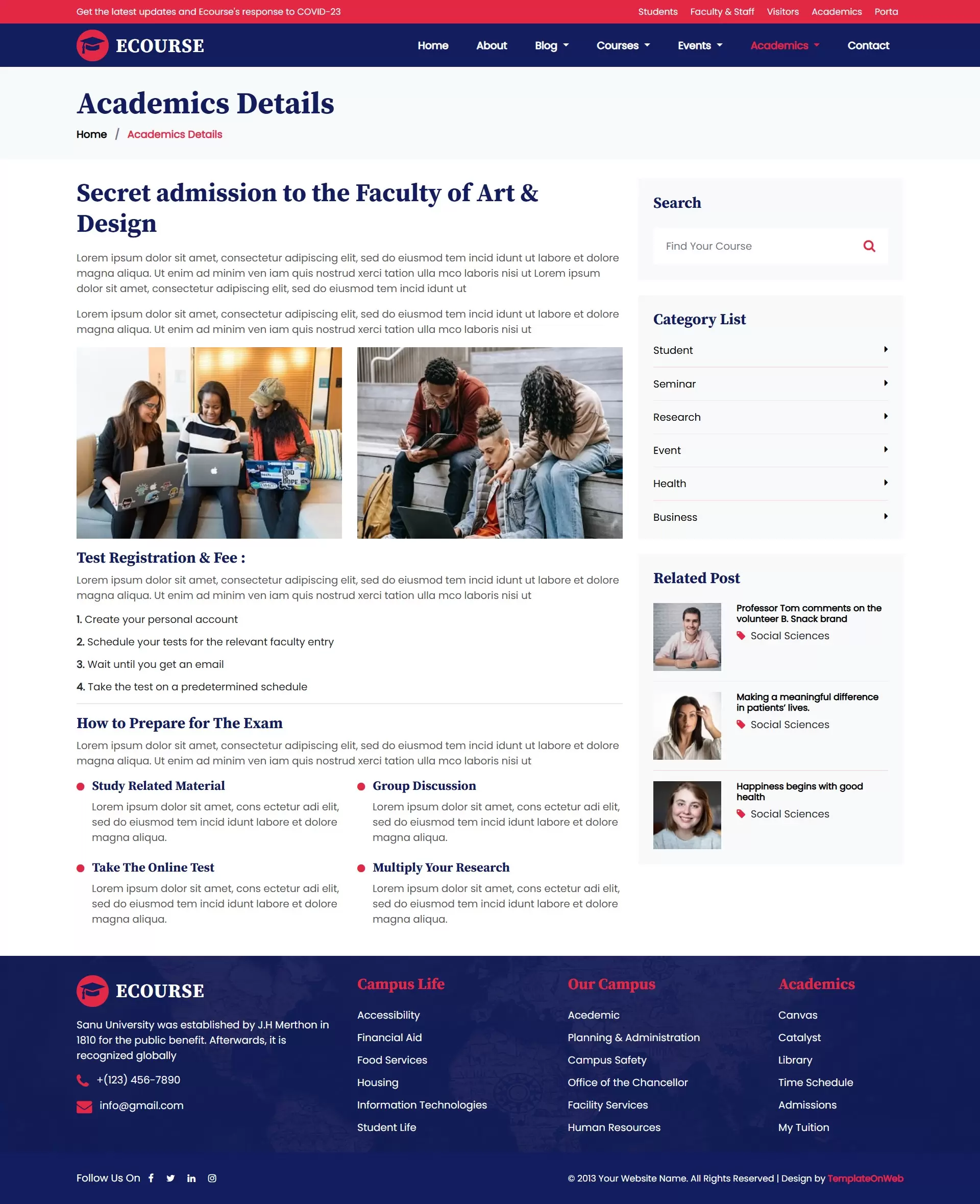 Acedemic details page provide programs details offered for various age groups