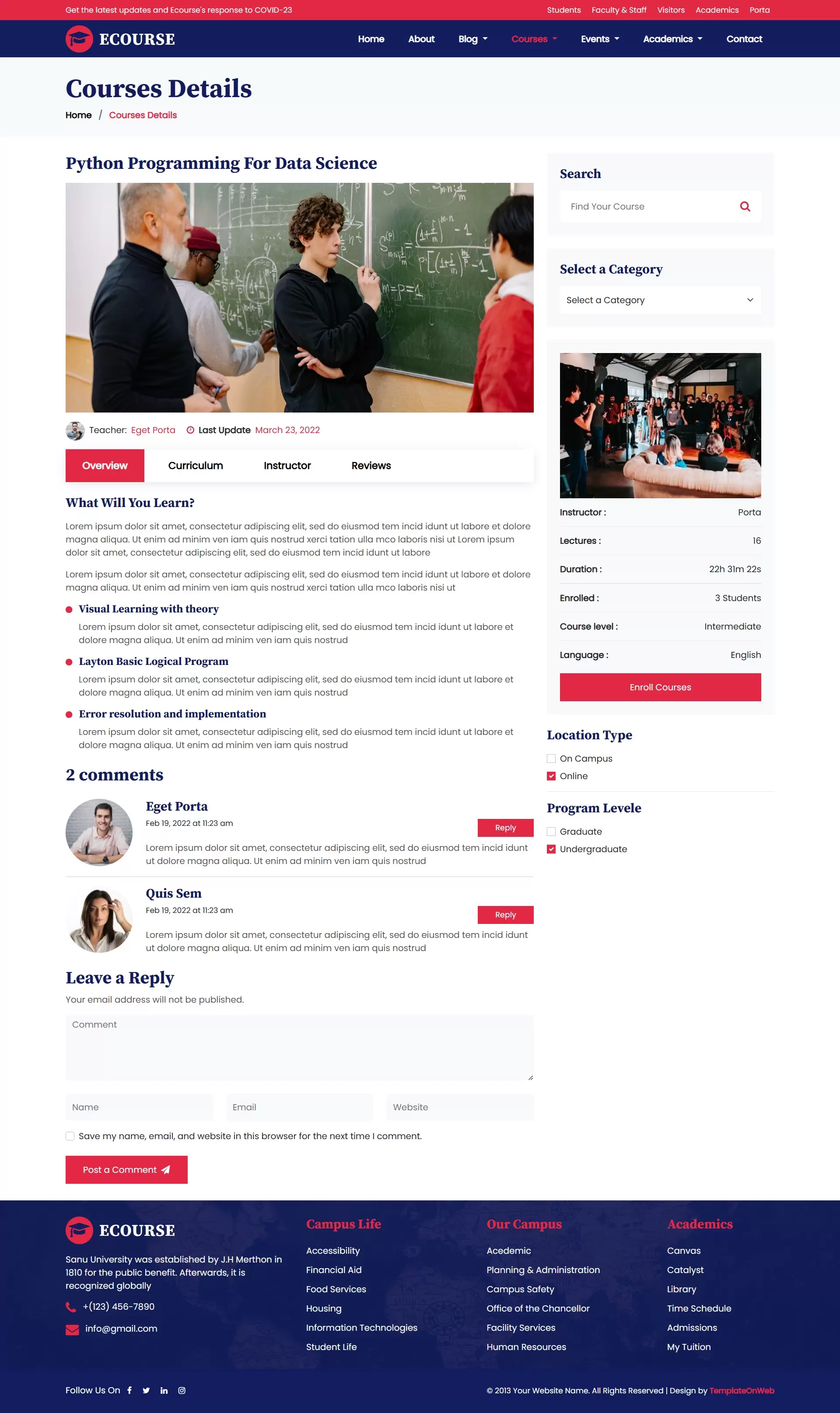 Course details page provides in-depth information about each course