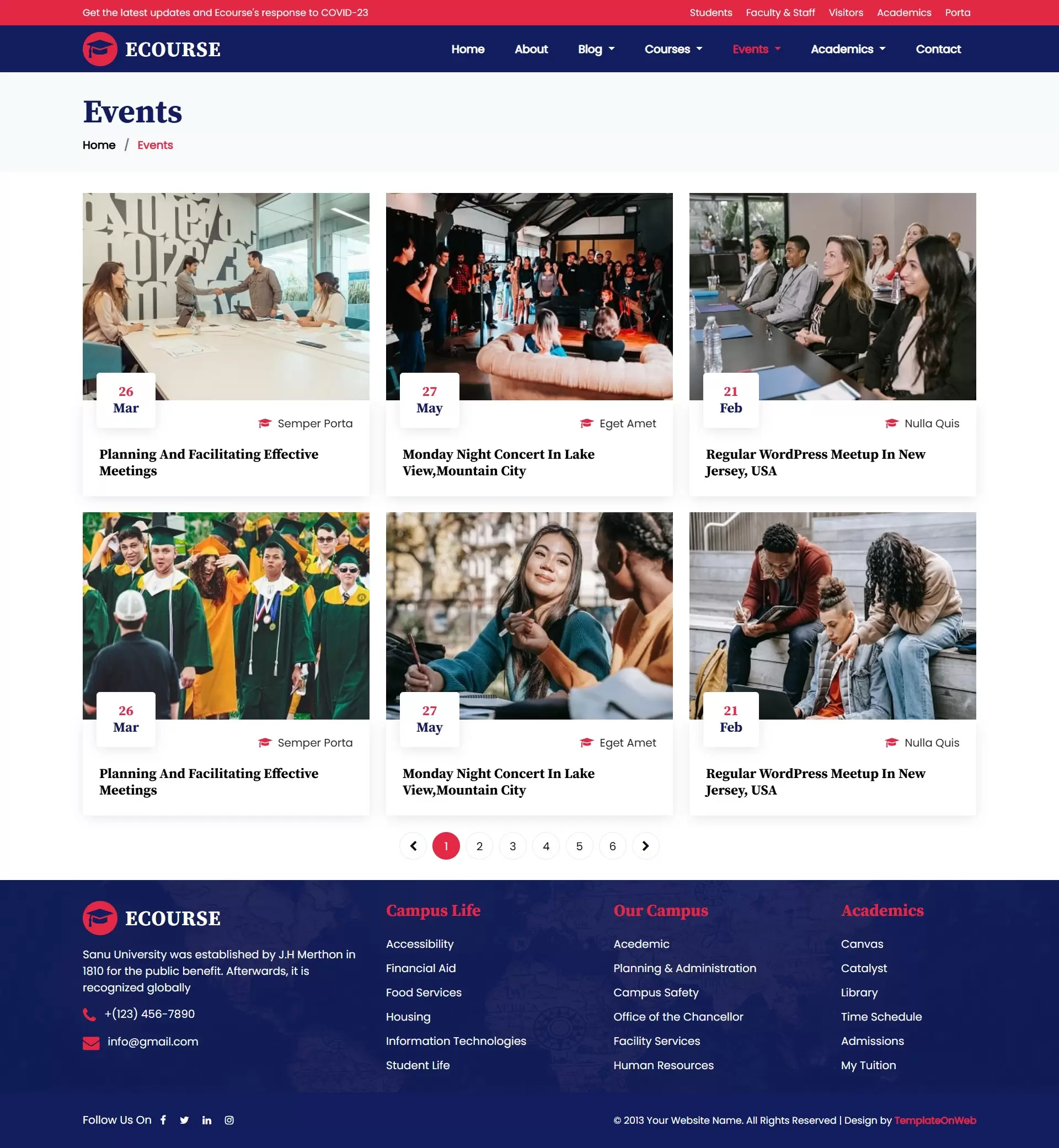 Events page to displays upcoming events and activities