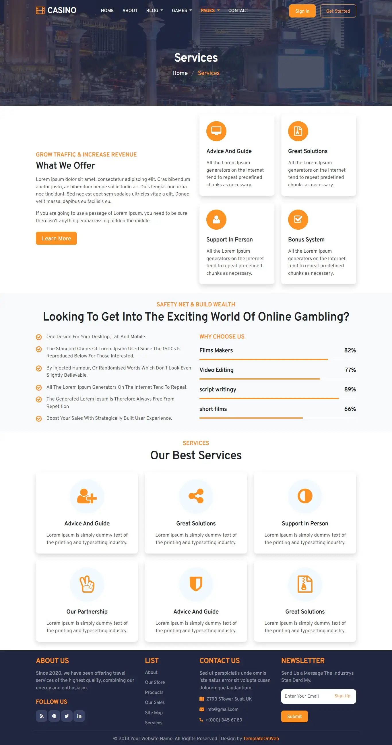 Online casino entertainment services web page