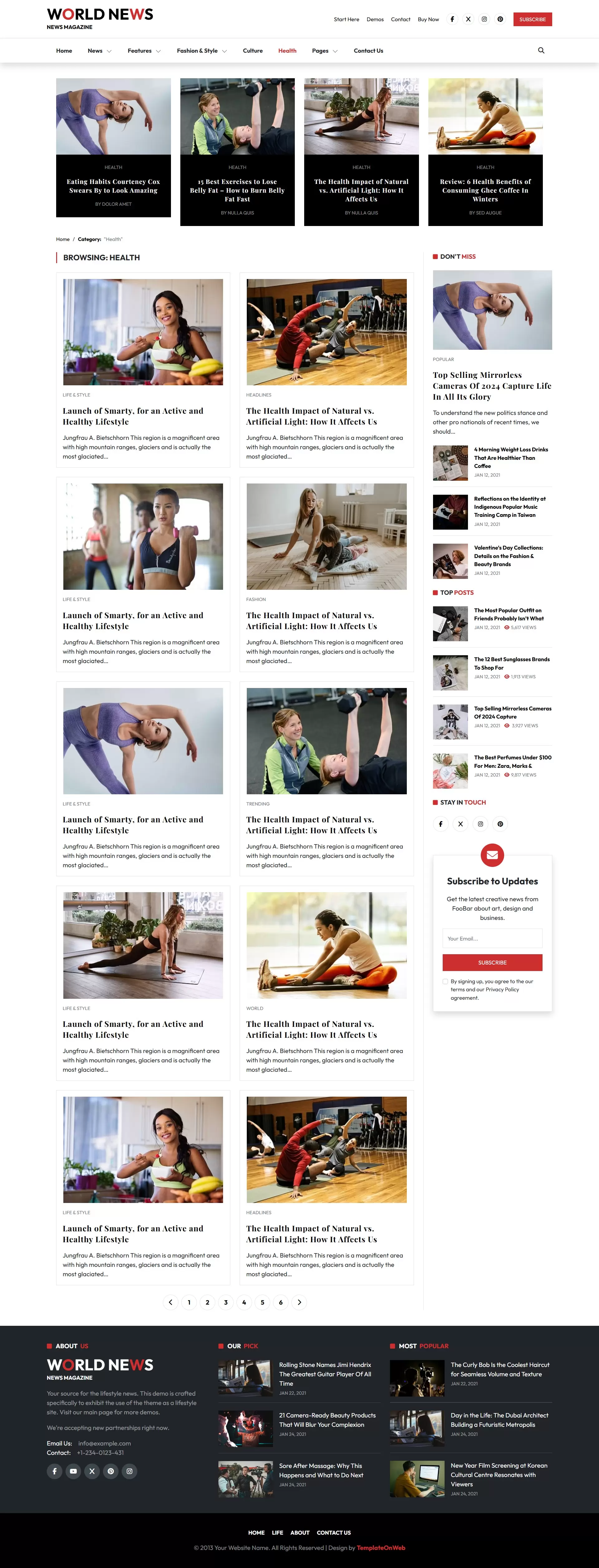 Health news page show wellness trends, fitness tips, and public health policies