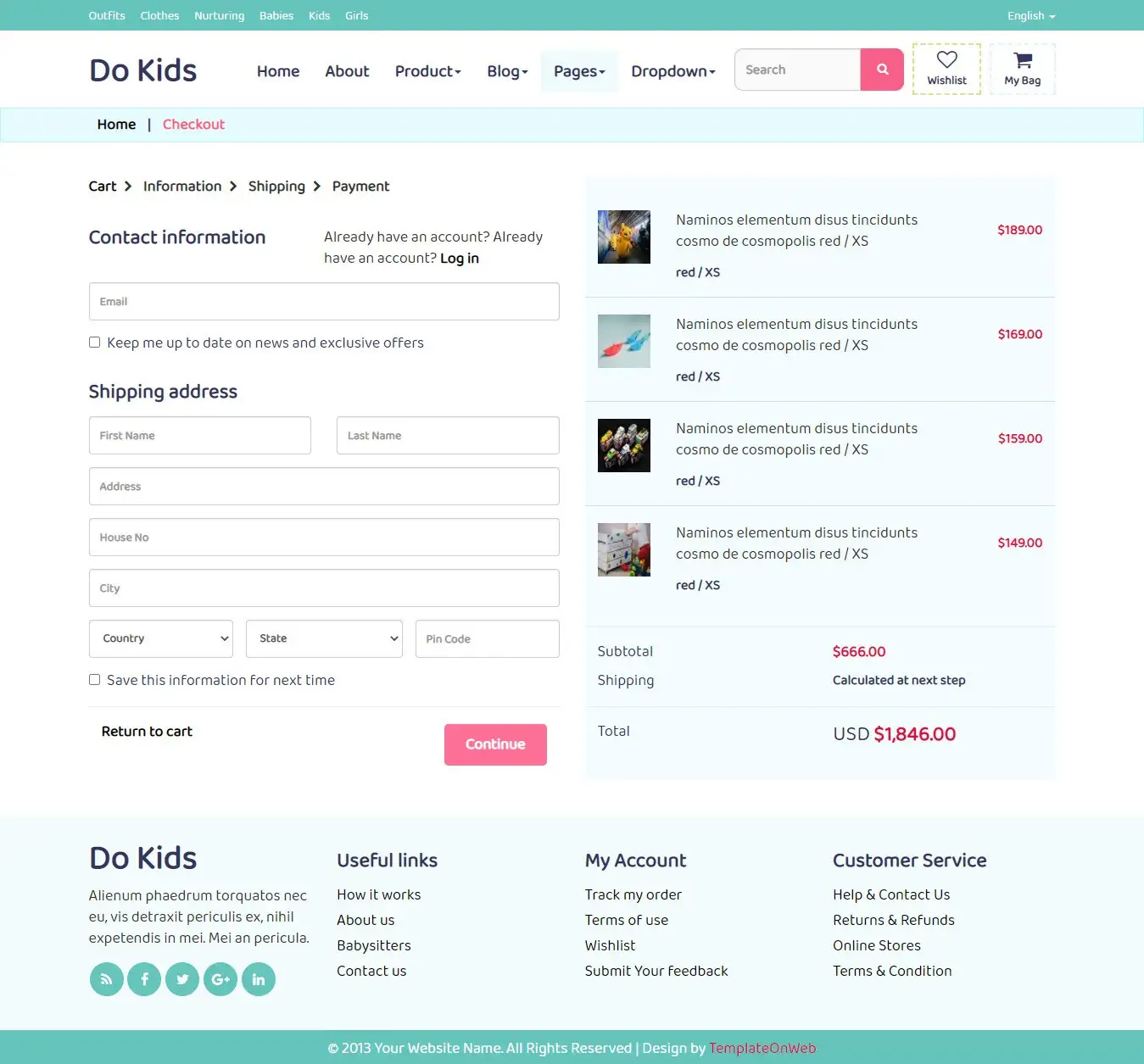 Shopping cart checkout page