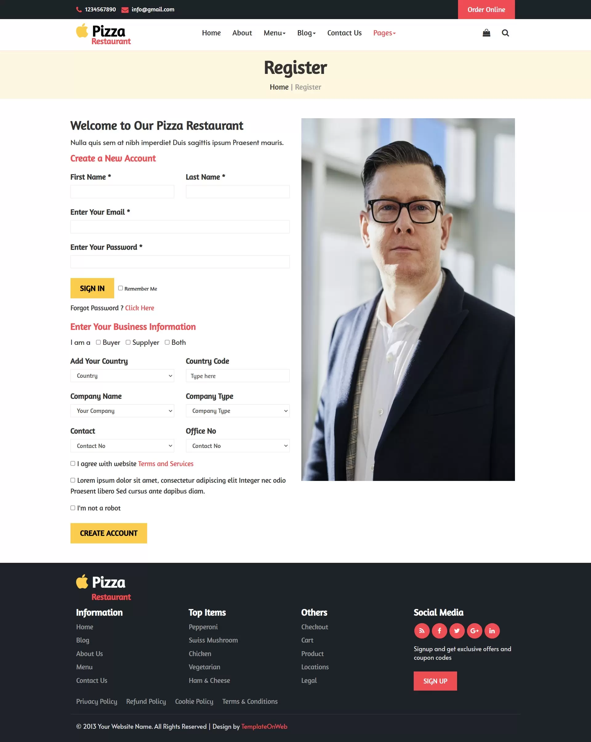 Online pizza order website template registration page