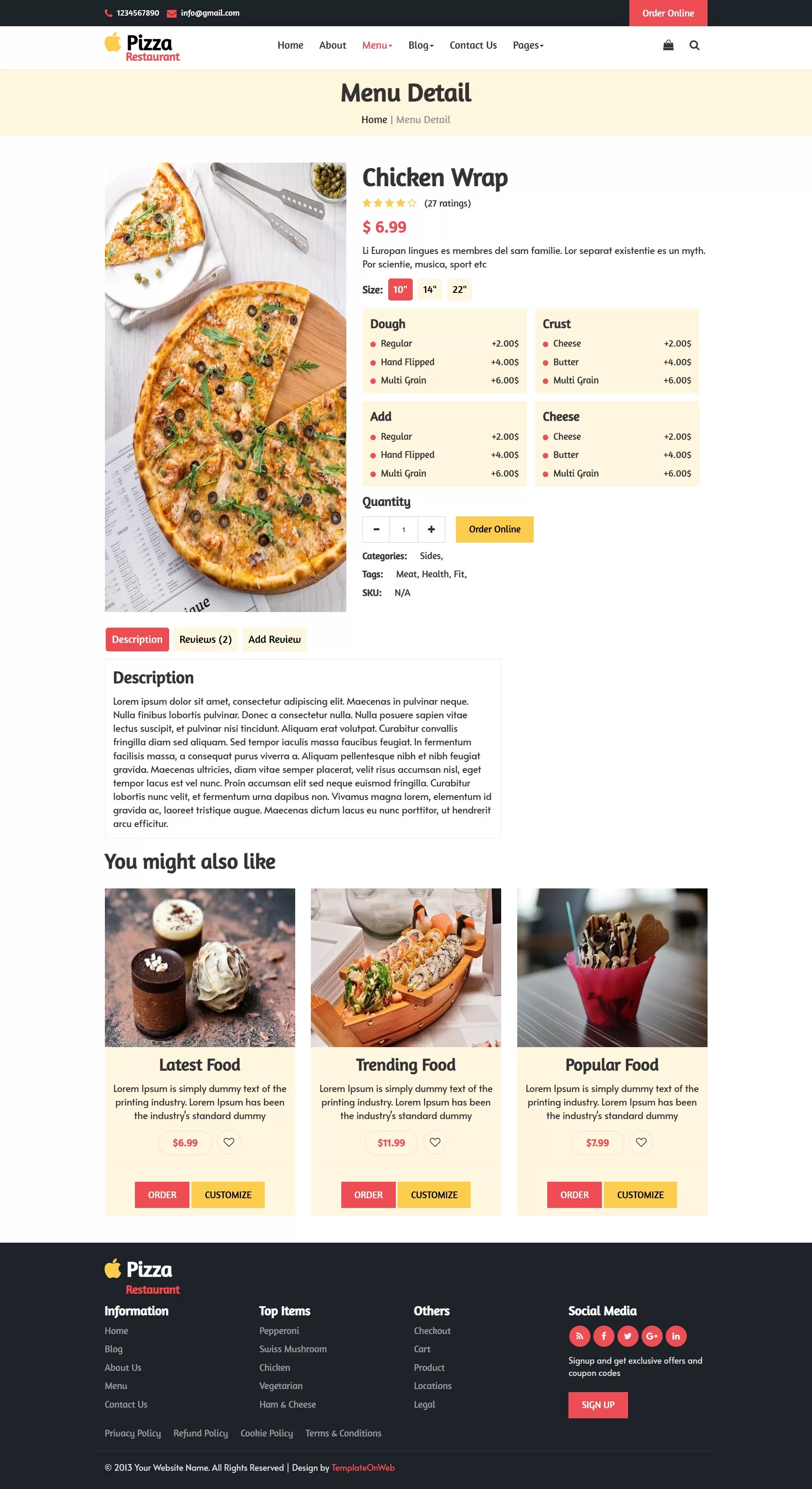 Restaurant pizza details with selecting pizza sizes, toppings, and add-ons