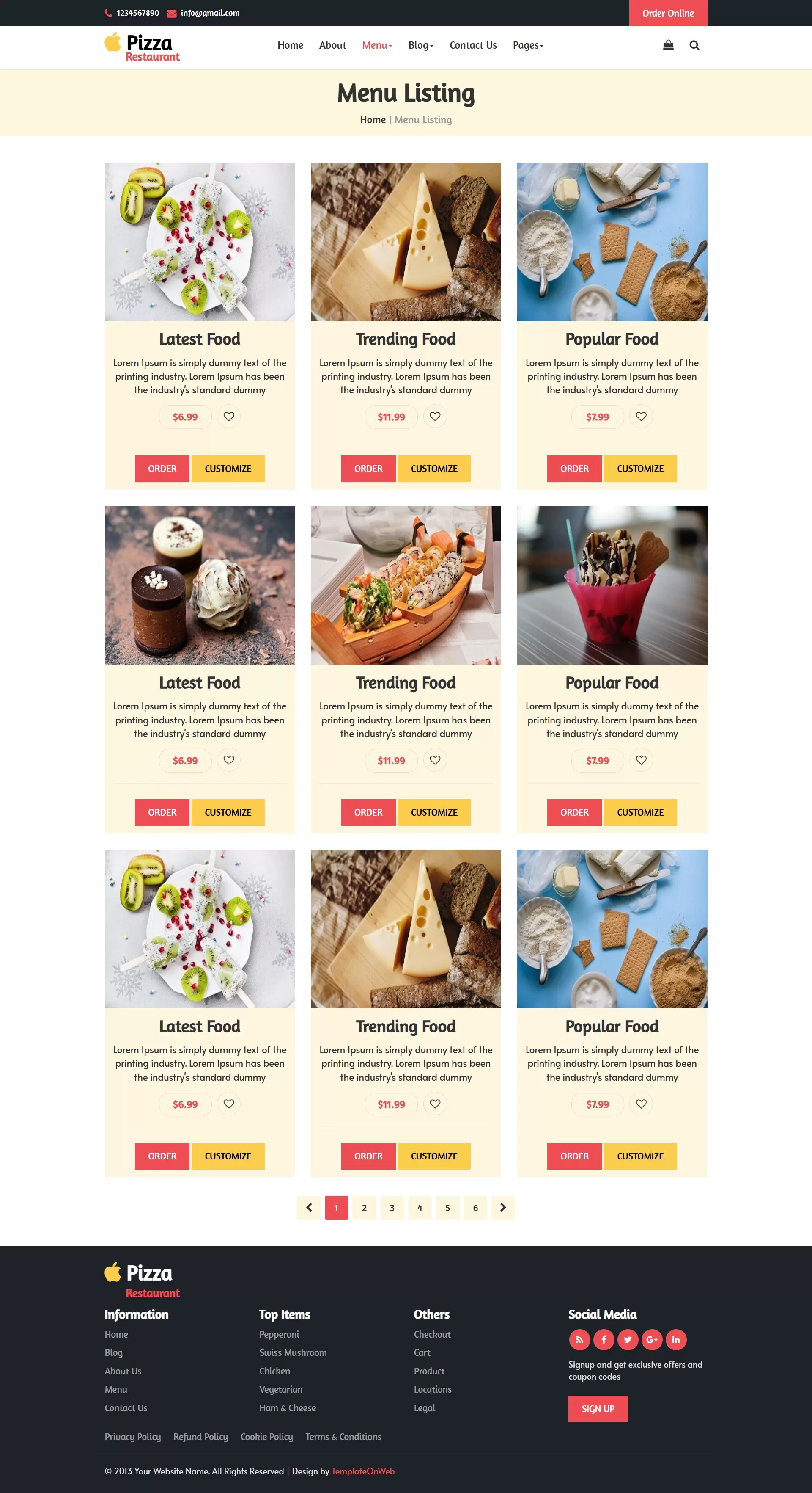 Responsive pizza food gallery with image, price, and order options