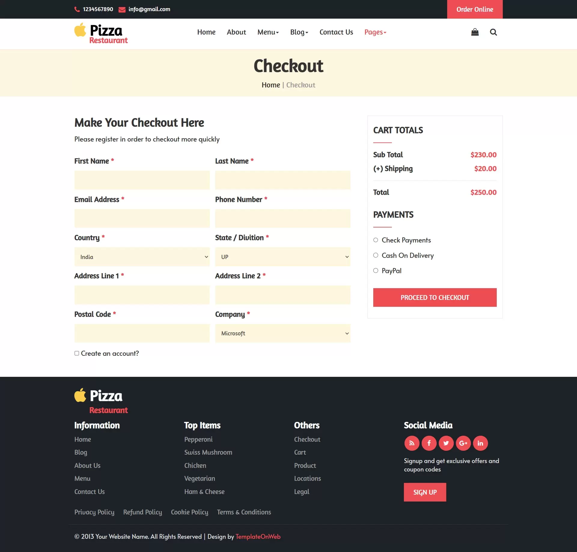 Pizza order checkout page html in bootstrap