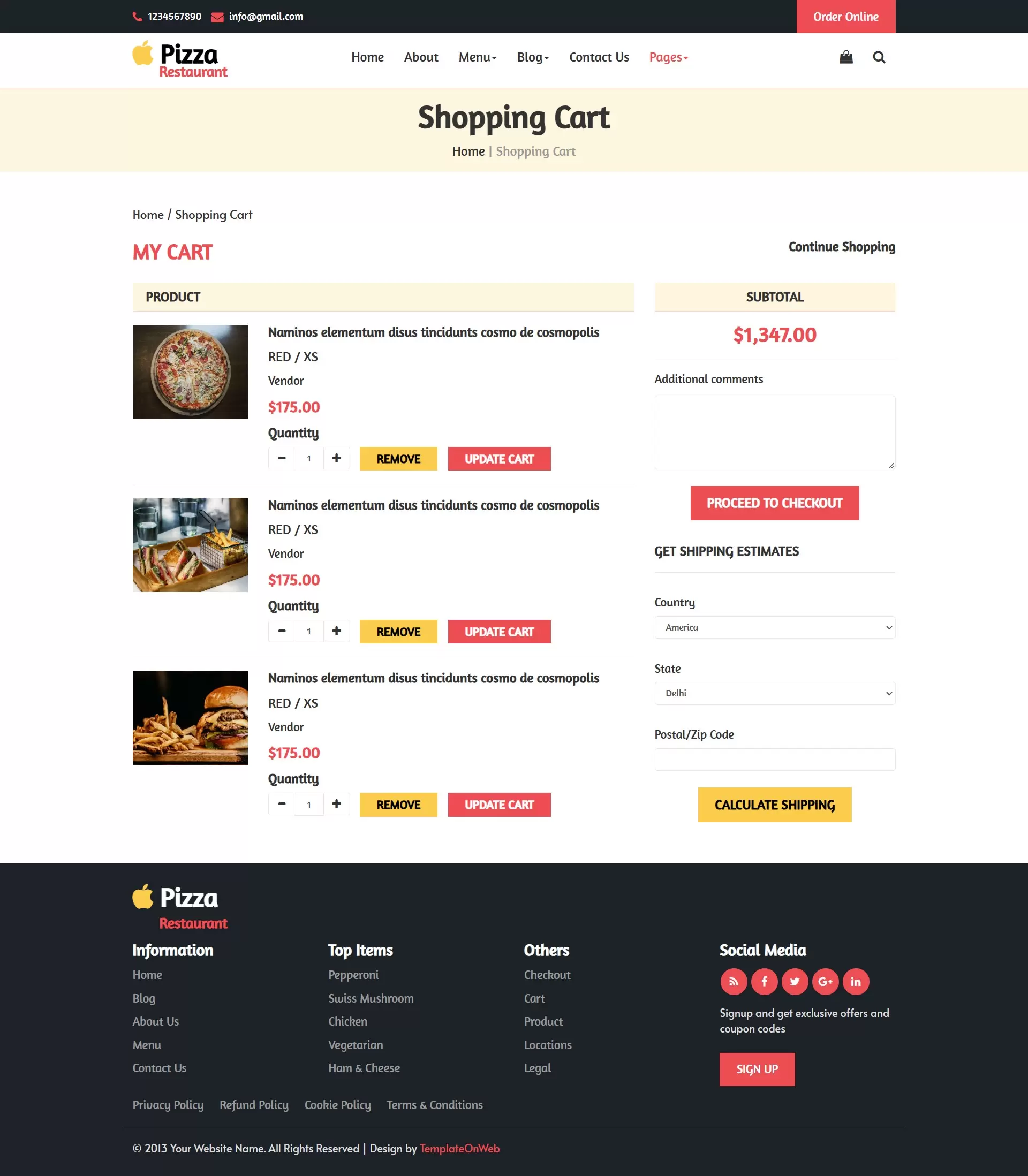 Pizza order online page with shopping cart functionality