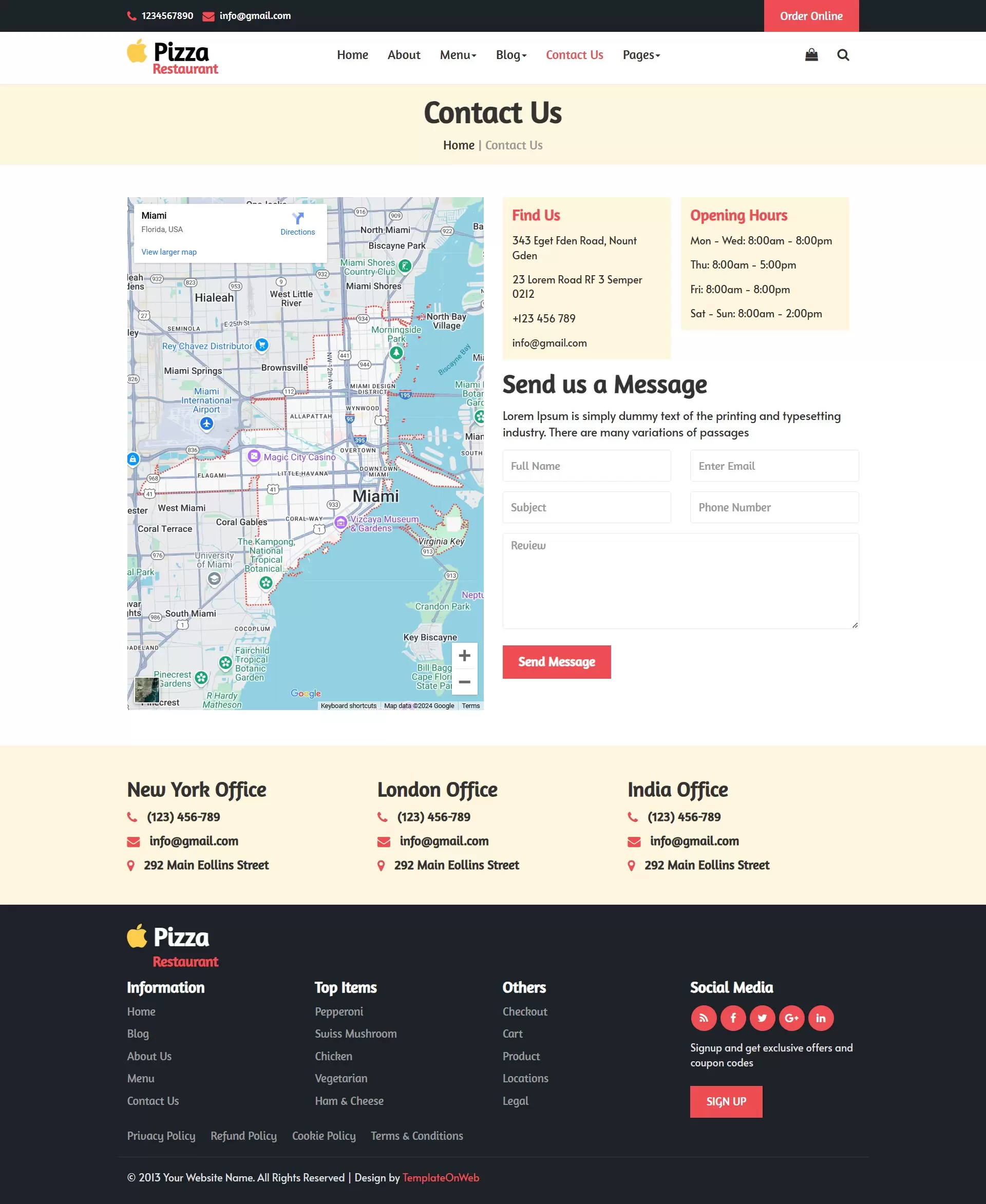Pizza shop template responsive pafe for inquiry, contact, and location on map