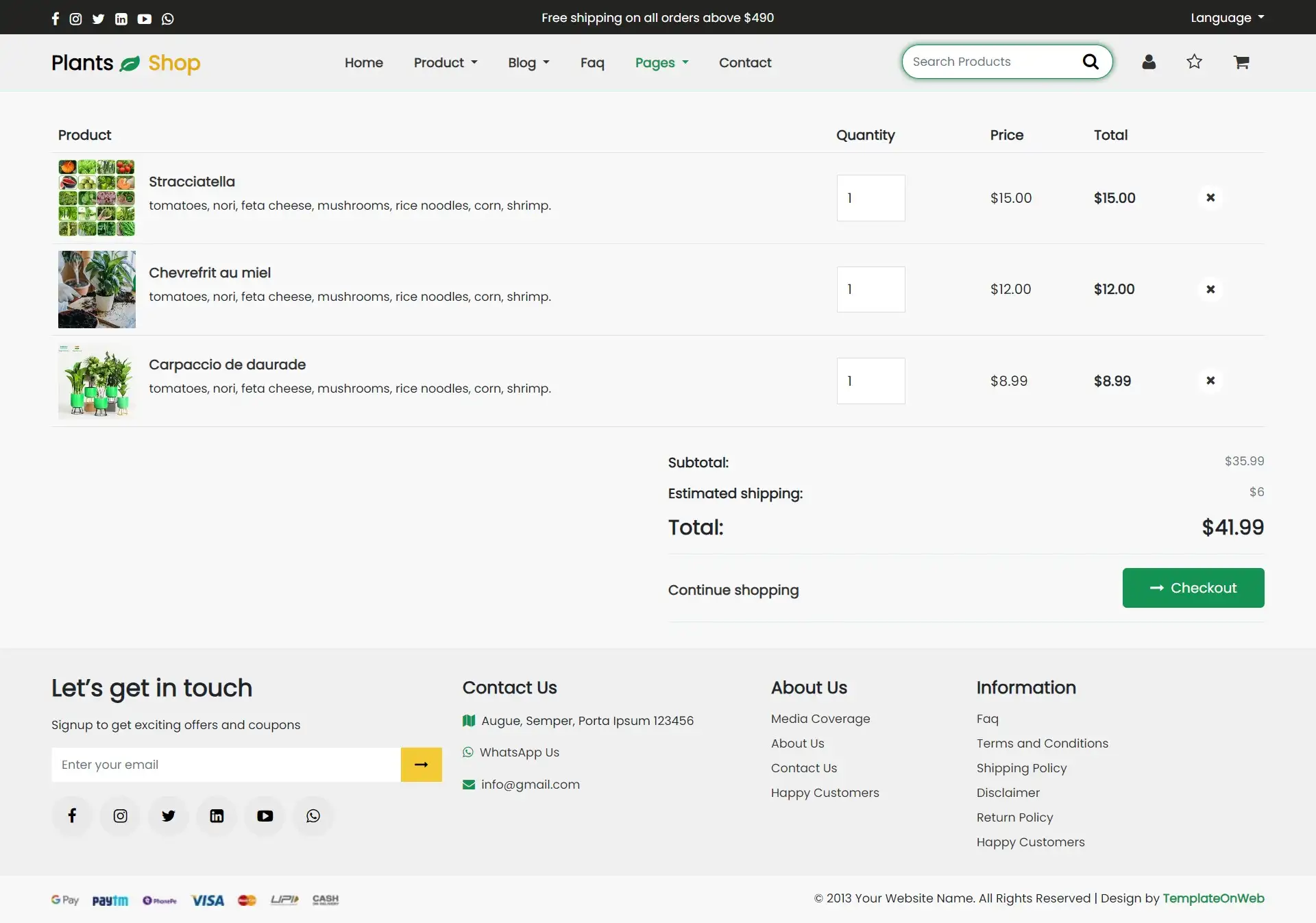 Online nursery plants shopping cart page design