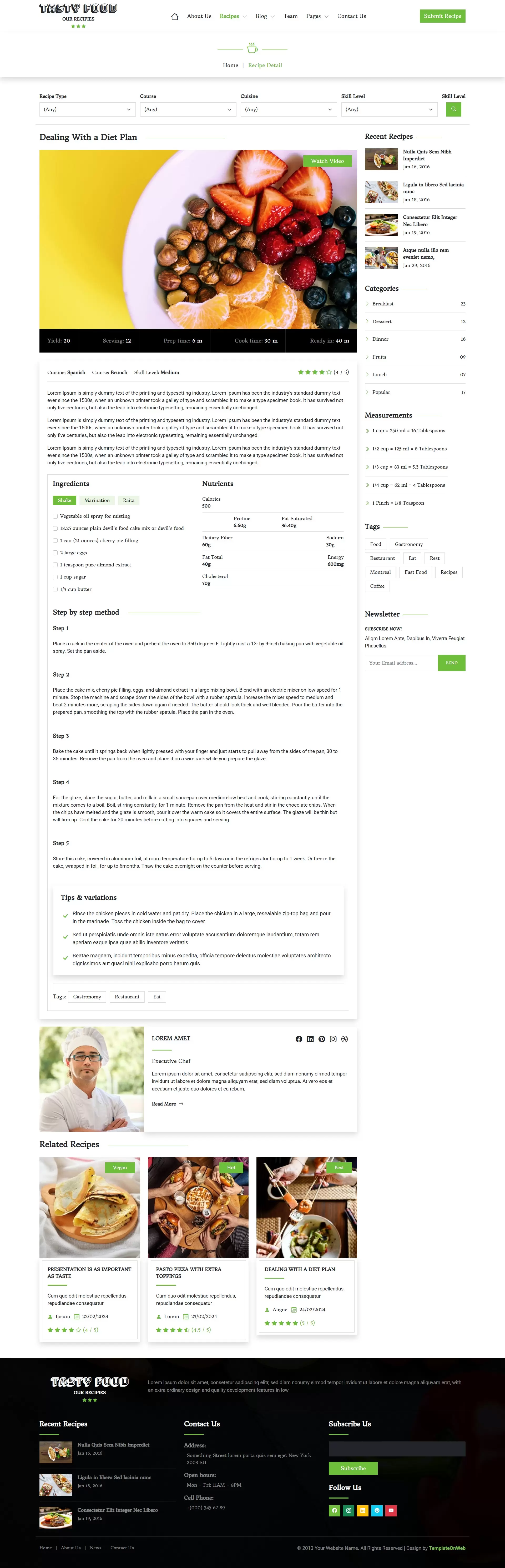 Meals and food recipe details like ingredients and cooking directions