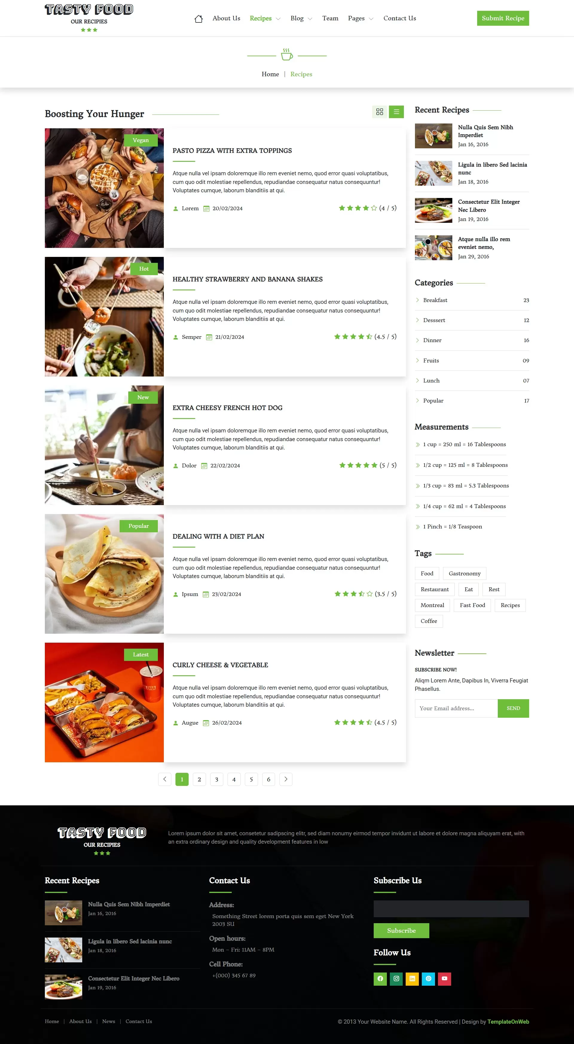 Recipes listing page with image and short description