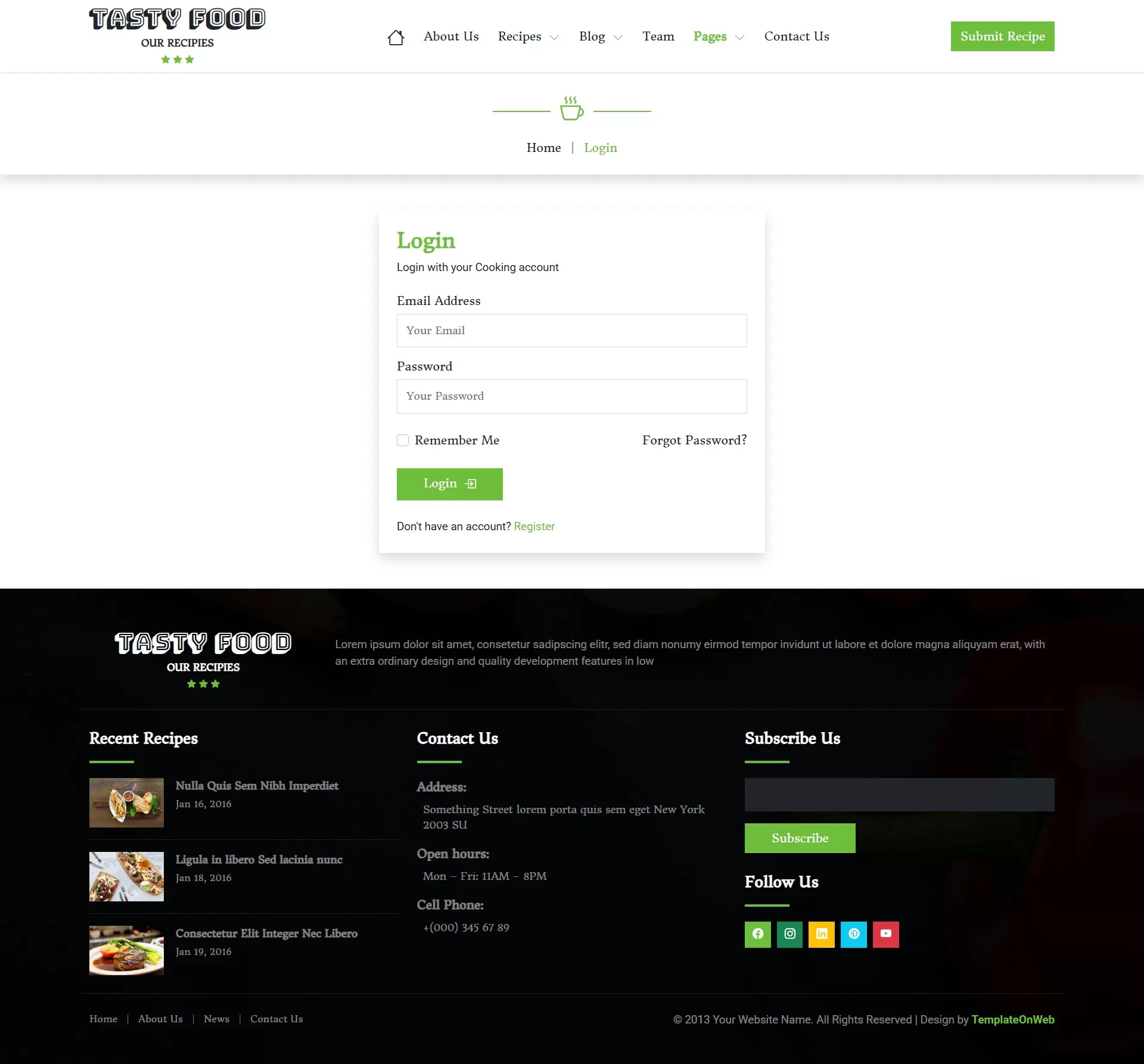 Visitor login page for recipe comment and review