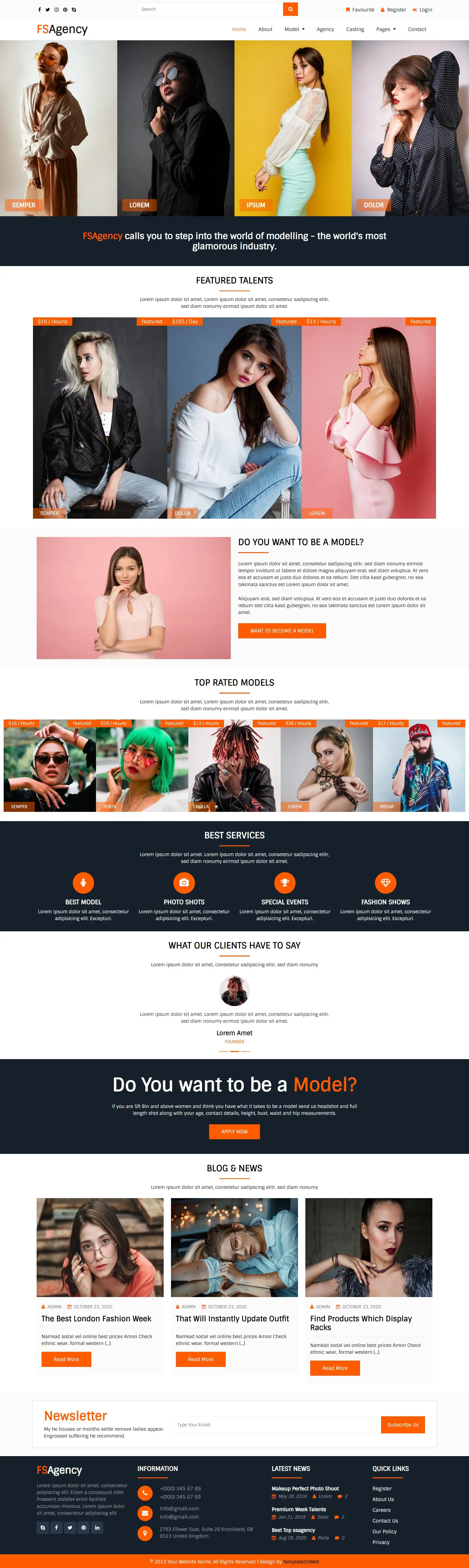 Model agency website template home page
