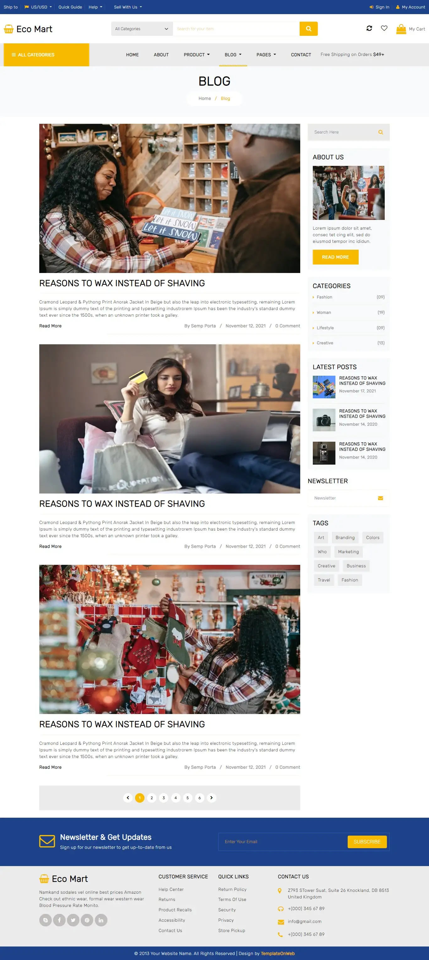 eCommerce shopping blogs page web design