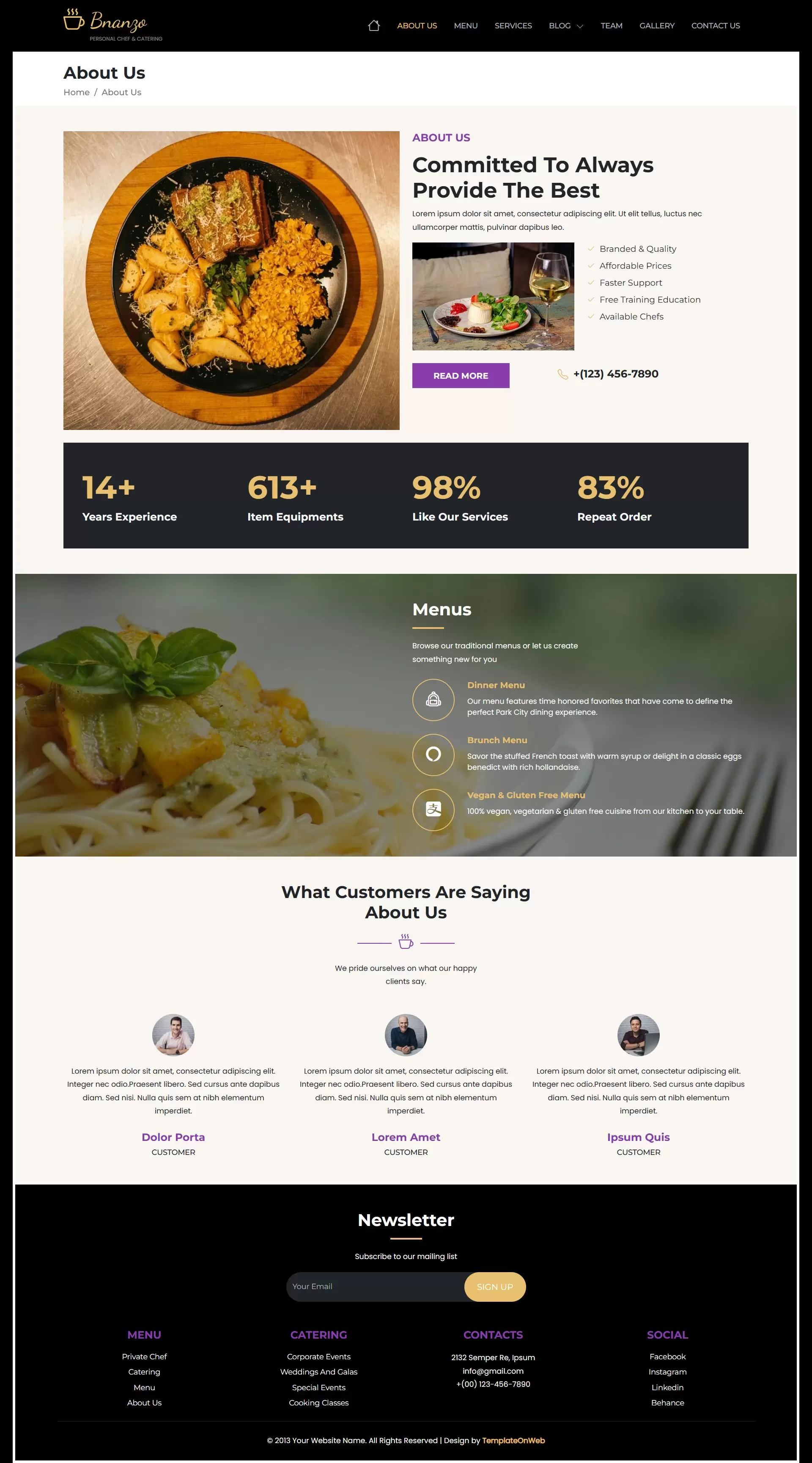 About the Chef web page to display dining experiences