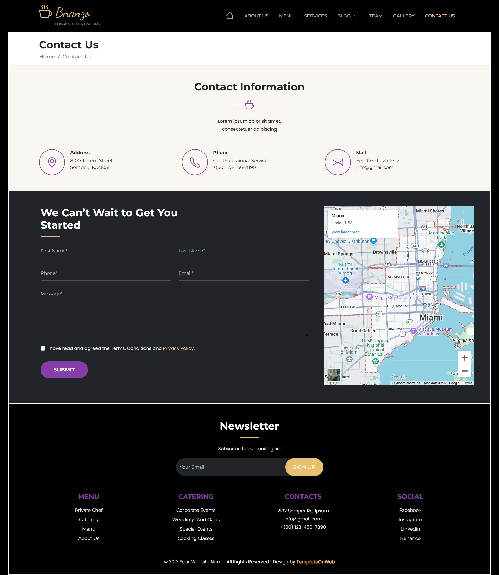 Contact page includes form for inquiries, phone number, email address
