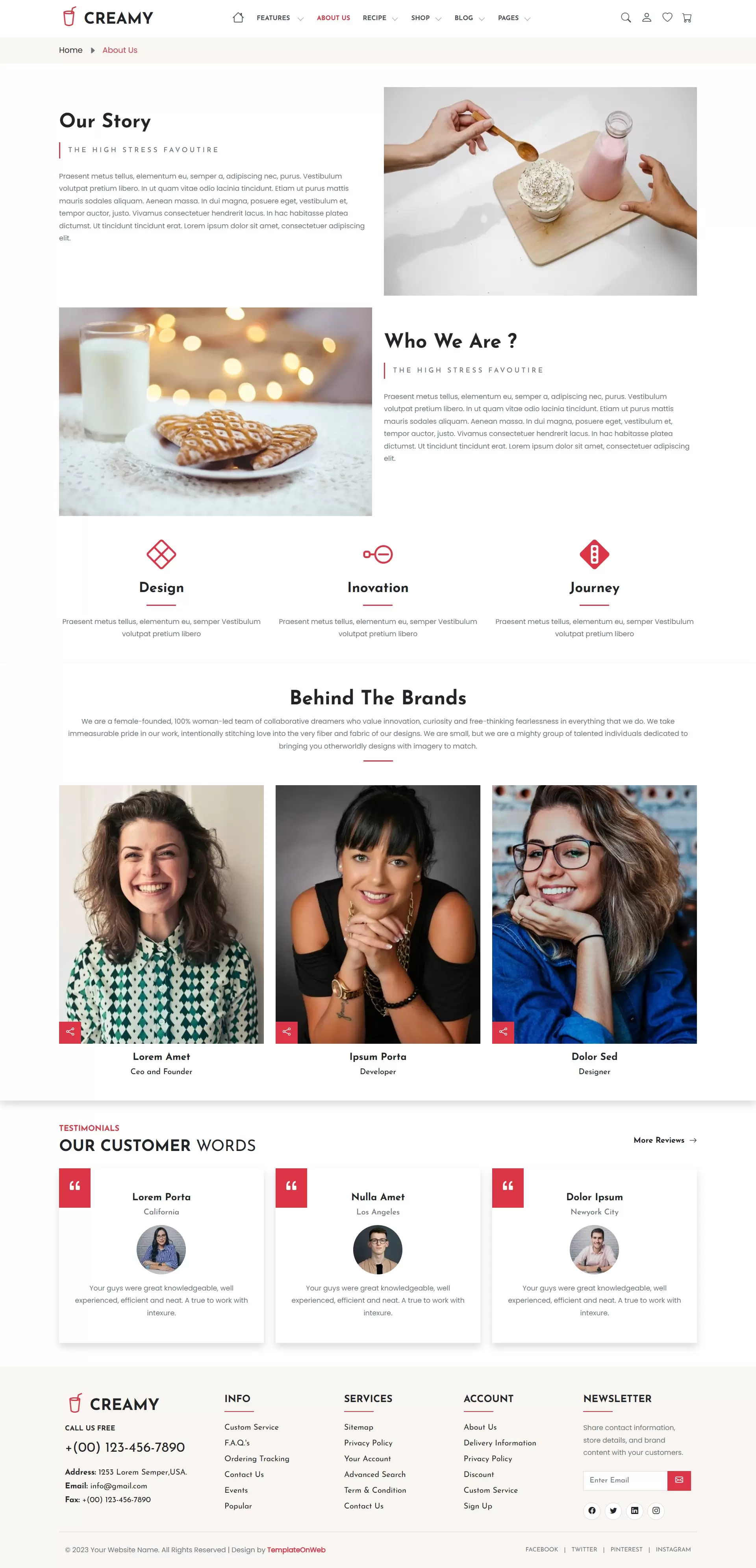 About us page showing about the website, its mission, team, and company Info