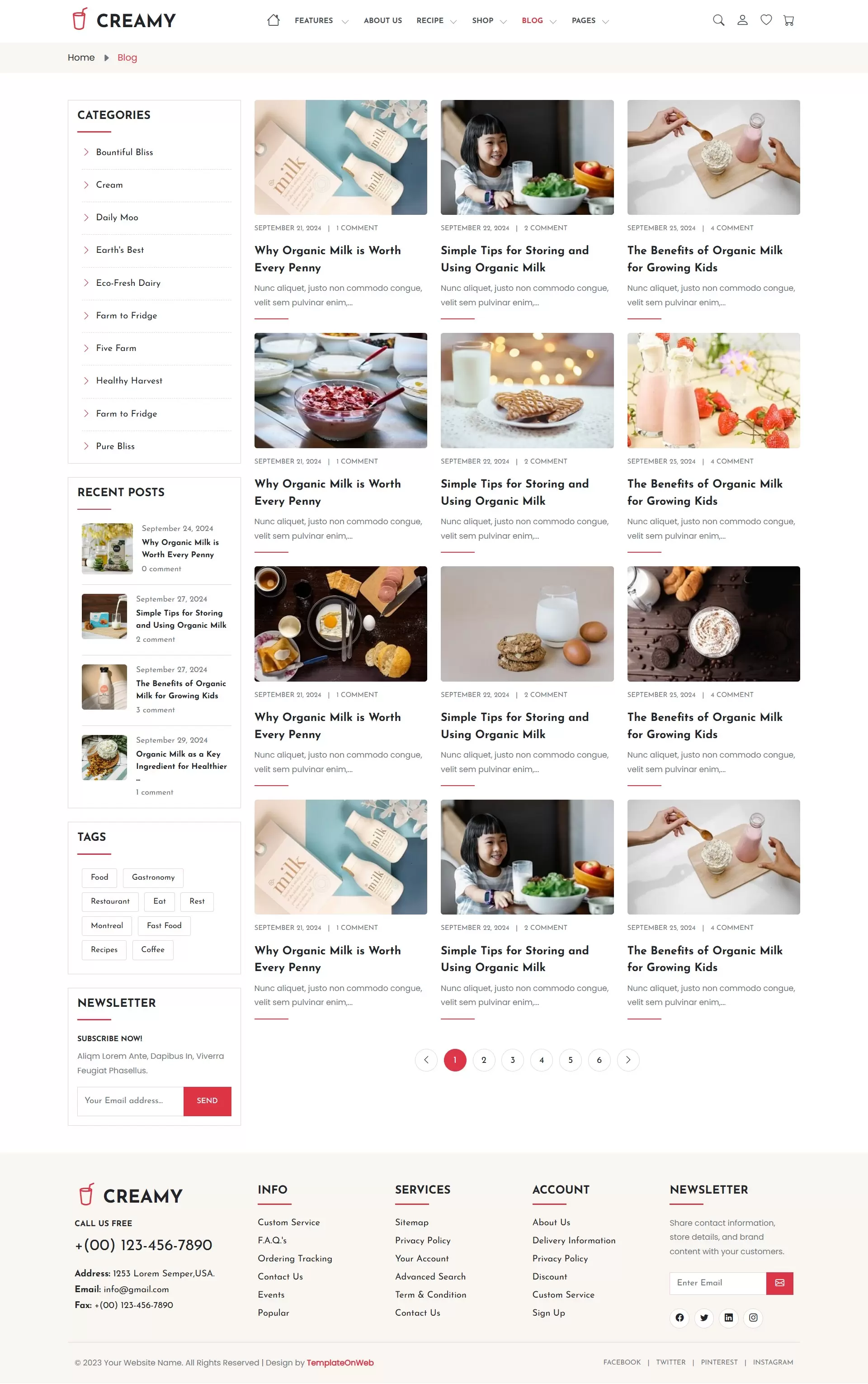 Blogs listing page to show article about milk, its uses, and benefits