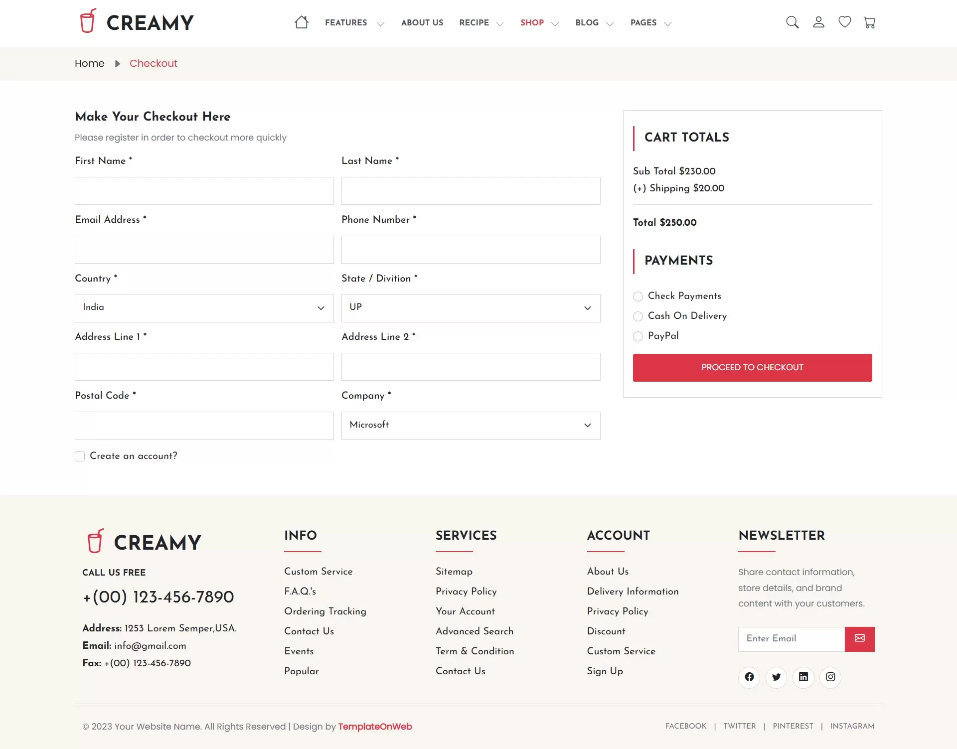 Checkout page to get user and and shipping details