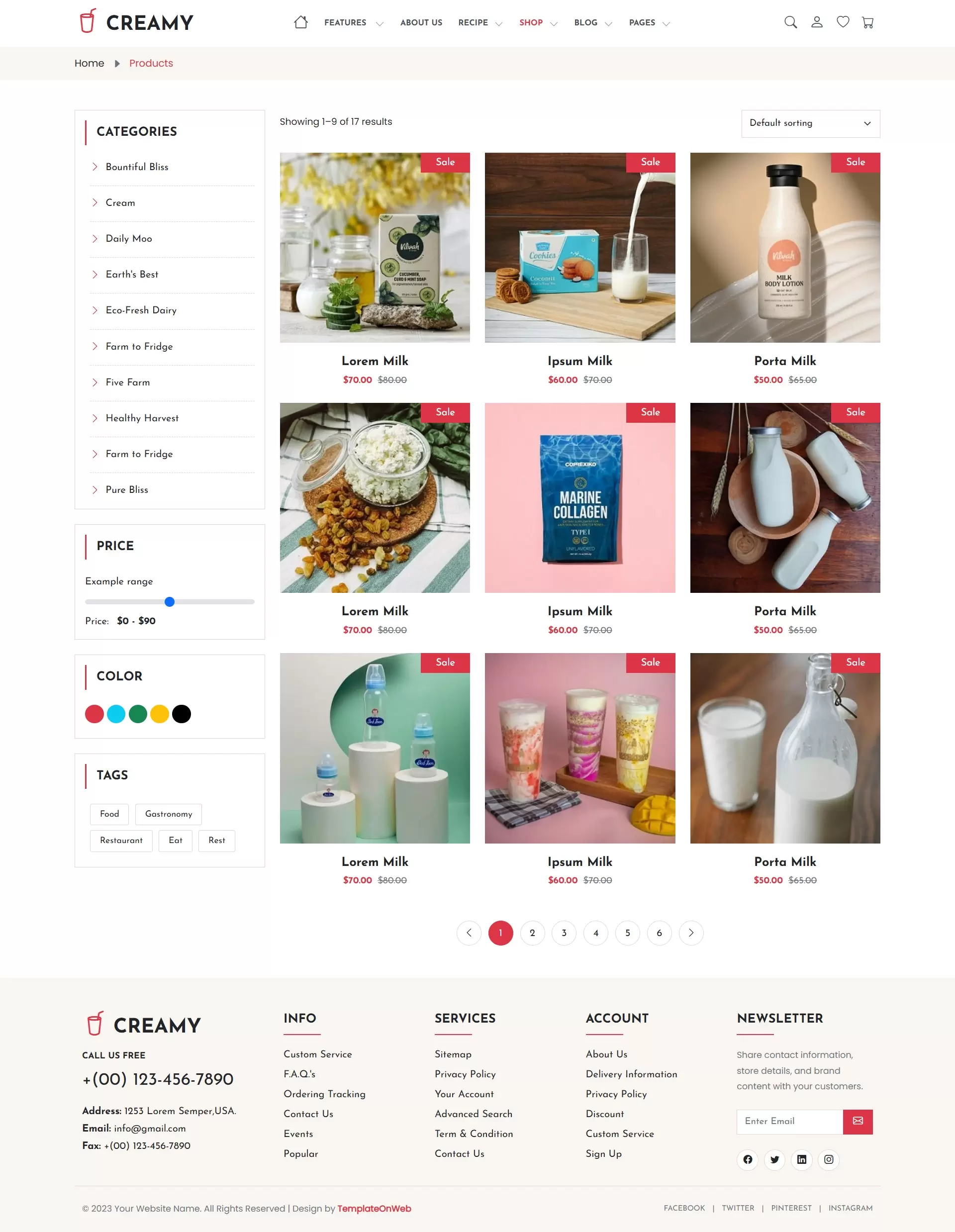 Milk products page showing listing in grids with name and price