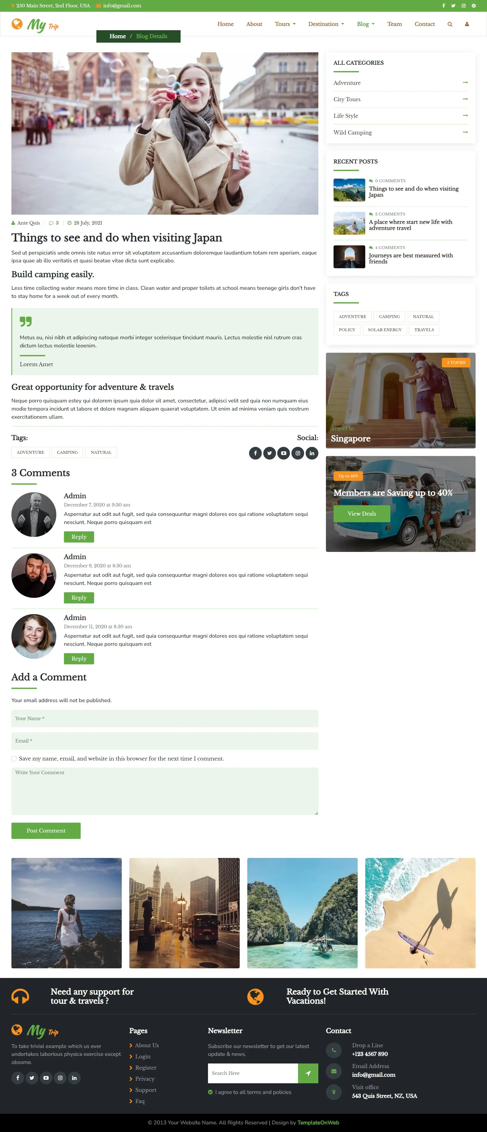 Template page to travel tips details for beginners