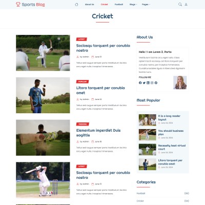 Modern cricket website template blog list layout with news and updates