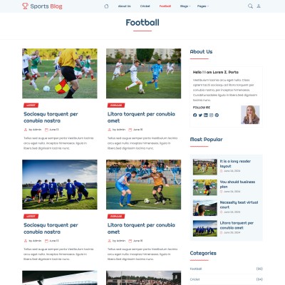 Football website template blog listing page with titles, images, and dates