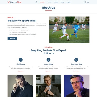 Sports blog website template about us page with team and mission
