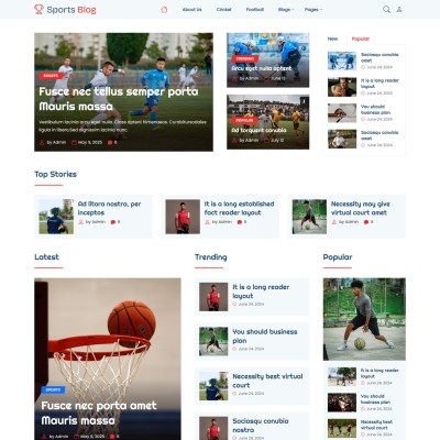 Responsive sports blog template home preview showing featured posts