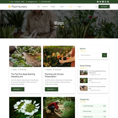 Blog listing page showing recent articles on plant care and gardening