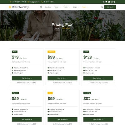 Pricing table showing plant nursery service packages and rates