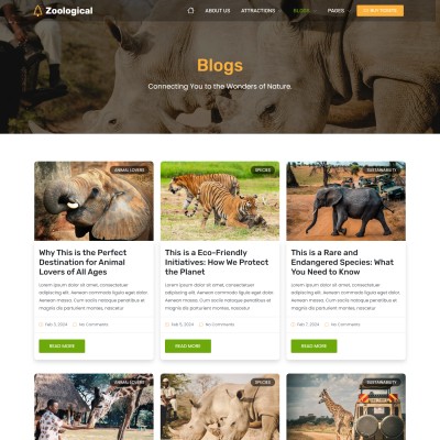 Wild Animal Blog Page Layout in HTML