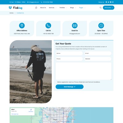 Contact form for fishing club inquiries and contact details including phone number and email address