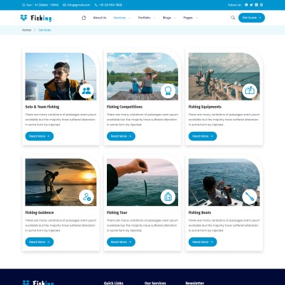 Responsive services page showing fishing gear rentals and boat hire options