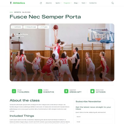 Sports program details page highlighting training modules