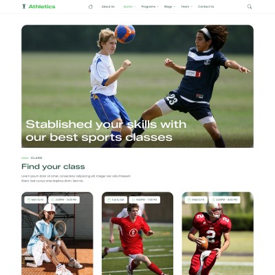 Modern athletics website template classes page showcasing training sessions