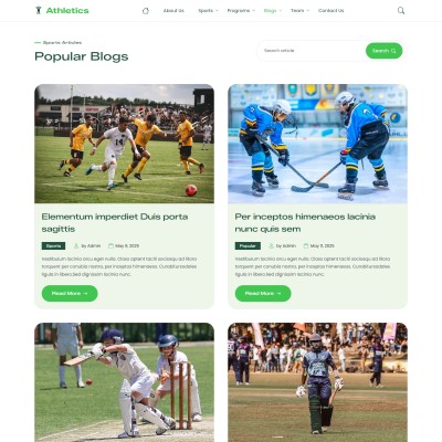 Athletics website template blogs list page showing latest articles and updates