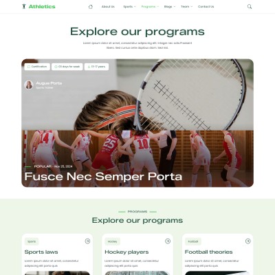 Modern athletics website template programs page featuring sports categories