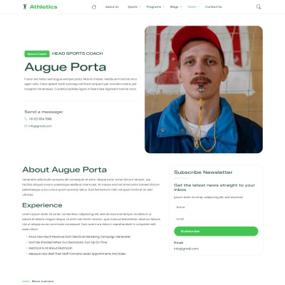 Responsive Olympic trainers details page showcasing coach biographies