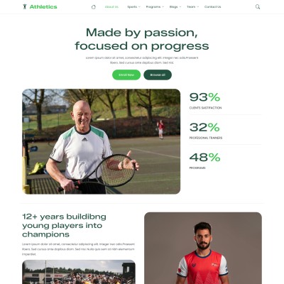 Athletics website template about us page with club history and mission