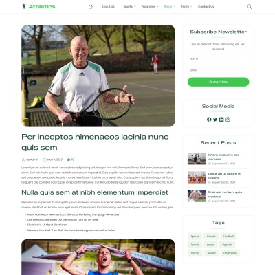 Responsive athletics blog details page preview with post and comments