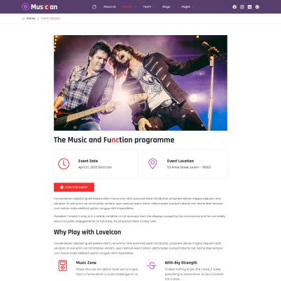 Responsive event details screen for artist or band site