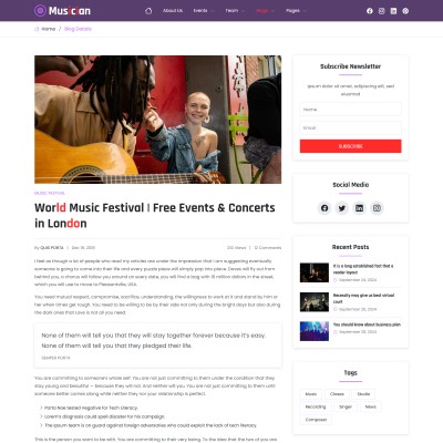 Musician blog and post detail view for sharing updates and tips
