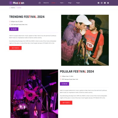 Event listings and tour schedule section for musician website
