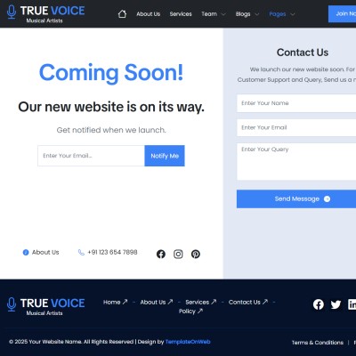 Coming soon page of responsive Bootstrap 5 musical website