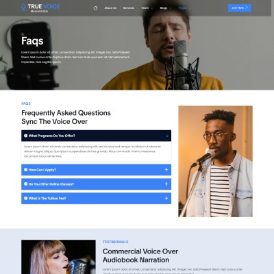 Frequently asked questions section of musical website template