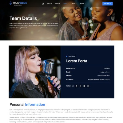 Musician bio and profile layout in responsive Bootstrap 5 design