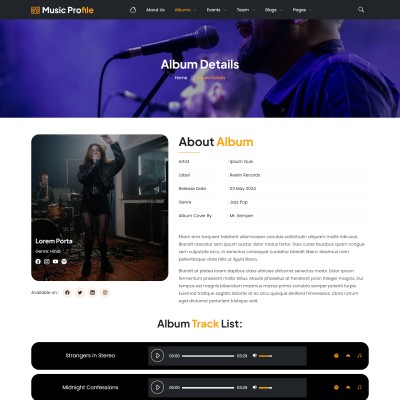 Album details page with tracklist, music player, and artist information in a responsive Bootstrap layout