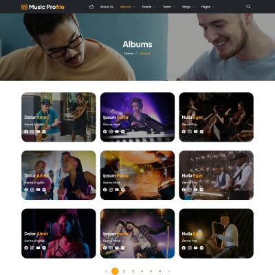 Albums listing page showcasing musician discography with cover art and release details