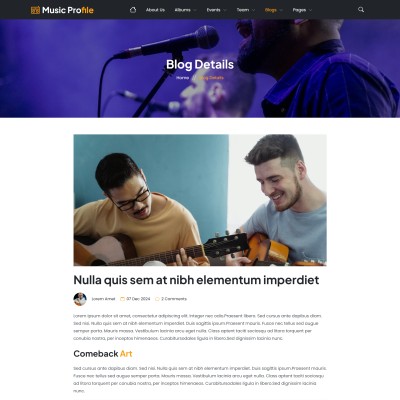 Responsive blog details section featuring music articles, interviews, and announcements
